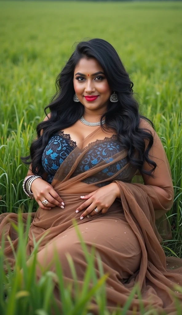 Forest, night scene, top view, A radiant, South Indian 35 year old aunty a purple chiffon skirt and shirt, sitting the floor on her knees, (cum Splash on her breasts and nipples, cum Splash on her face, Splash of cum, cum Splash on her face, cum Splash on her eys) a man standing next to her, captured in a full-body image with vibrant hues and meticulous details. Full body image