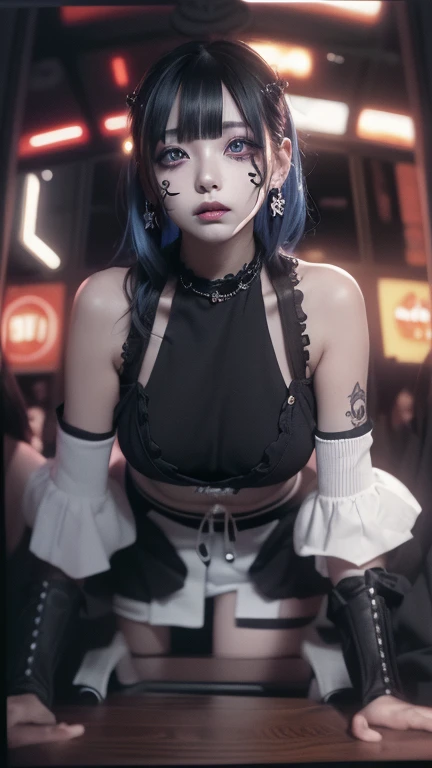 (masterpiece, best quality, best quality, Official Art, beautiful and aesthetic:1.2), (2 girls:1.8), movie lighting、(Key Light:Front diagonal 45 degrees, Fill Light、Backlight、shadow、Blue and orange color palette), accurate human body、Detailed personnel、correct five fingers、RAW photos、 4K - Ultra-realistic、best quality, masterpiece, Ultra-high resolution, (Reality: 1.4),
1 girl、/Black hair/、(((/Black and purple super shiny latex panties/)))、((( /dark skin/ , /White shirt with tie/ , high school、Pleated Skirt , Oily skin)))、(Shiny body: 1.5)、 Please be shy、(ahegao:1.5)、((/Black Mask/))、full of embarrassment、Sexy pose、((steam))、/rest/, On a love hotel bed、(((ultra violet light、/Fluorescent black light lighting/)))、Dim lighting, Obscene Room、The air in the room is not saturated
(((Oily skin,Shiny skin、Realistic skin texture、Delicate and beautiful skin、shiny skin、shiny skin)))、
Upper body shooting, Low camera angle, Depth of writing boundaries, Focus on the center, beautiful eyes, Perfect face and eyes、
1 girl、
17 years old, (Gothic Makeup), (White skin), (T-shirts and skirts), (Displayed as follows ), (fishnet tights), (Belly button jewelry), (Ear piercing), (Piercing of lips Perforated), /Purple Eyes/, /Kuroiu short hair/, (Large Breasts), (8K), (wallpaper), (Dynamic Lighting), (Detailed face and eyes:1.2)、Short skirt、Low-top platform boots and an oversized shirt、Off-shoulder, /rest/Two girls