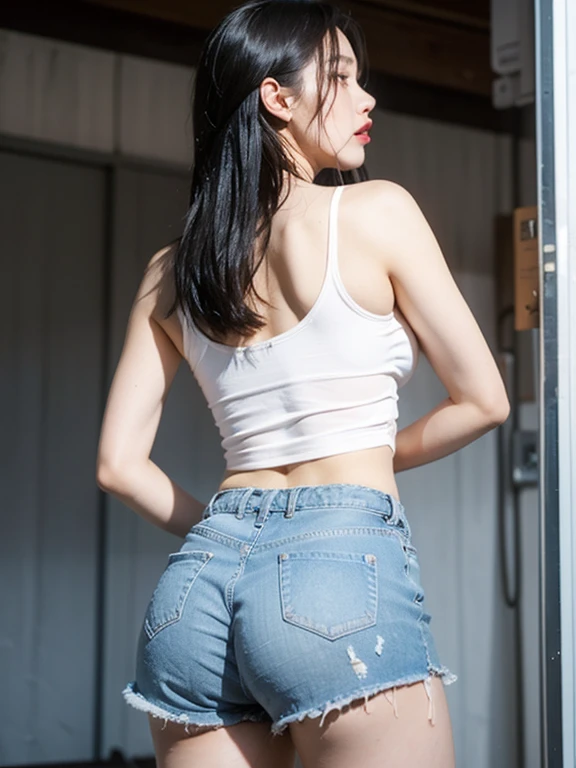 Chinese,Long-haired woman,Lying on the ground with legs stretched straight and skin white,Red lips,Oval face,Light blue jeans,Kneeling at the table,Take off your jeans,Kneeling straight,Pout your ass high