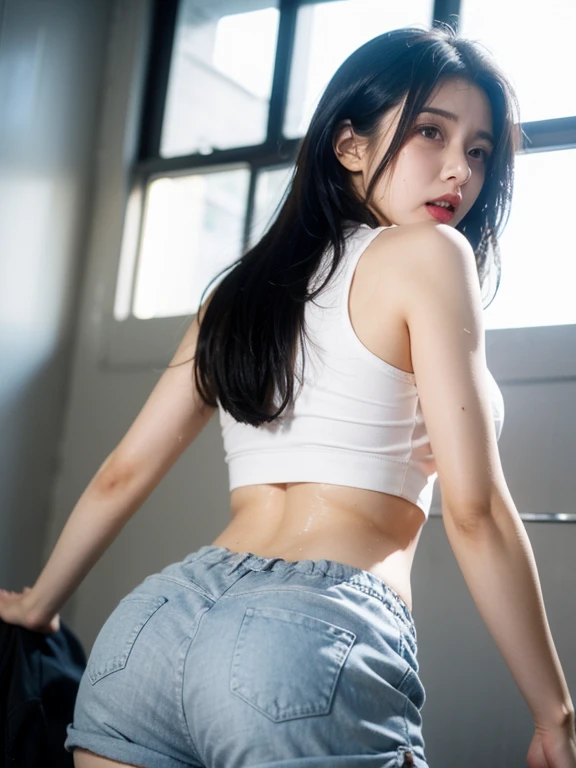 (8K、original photo、Top quality、masterpiece:1.2)、(Realist、Photorealistic:1.37)、Ultra Detailed、Ultra-high resolution、Wearing white navel-baring short-sleeved，Blue denim super shorts，Hourglass figure，Wearing black tactical gloves，sports shoes，blond，Girl with two braids，Close-up in the snow、Full body close-up，Fighting Stance，Shooting Stance，With a gun，持pistol, pistol，Aiming the gun，Bullet special effects，Full body close-up，Snowfield background，winter，snow，Explosion effects，Bullet special effects，Smile，Back to the audience，Look back，Look back去，Back to the audience，White skin、Smooth skin、Extremely beautiful face，Dynamic Angle、Dynamic Lighting
