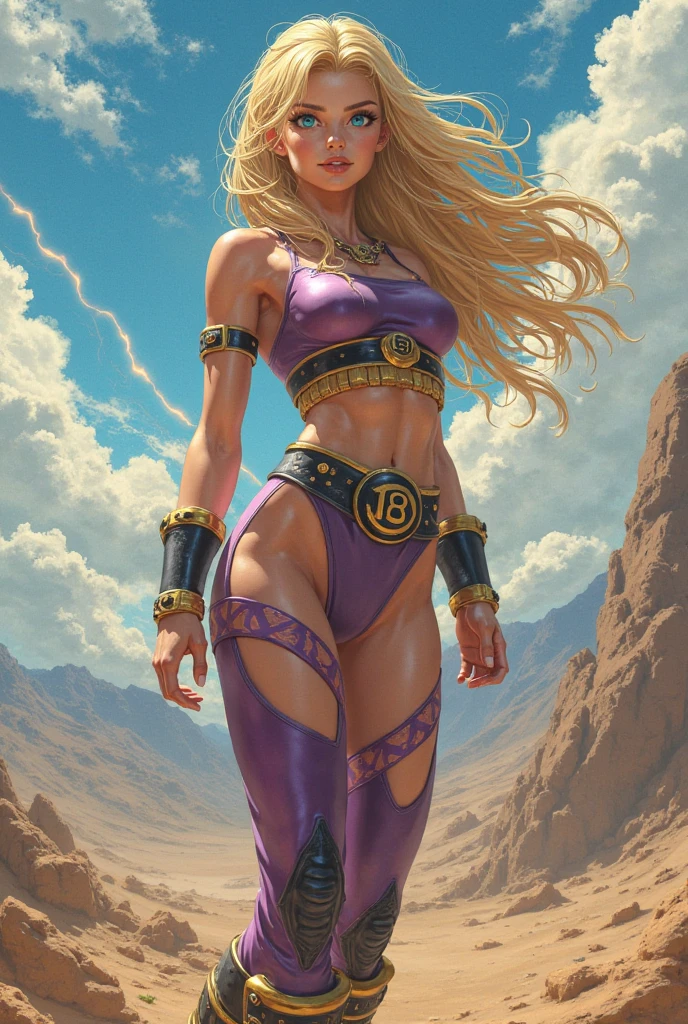 super quality, many details, a sexy warrior, with a short skirt, holding a bow, with a low-cut T-shirt, big breasts, big blue eyes, hair in a ponytail, piercing gaze, boots, hair in two shades of purple and blue, wide bracelets on the hands, a jungle in the background, tanned skin, athletic constitution, provocative,