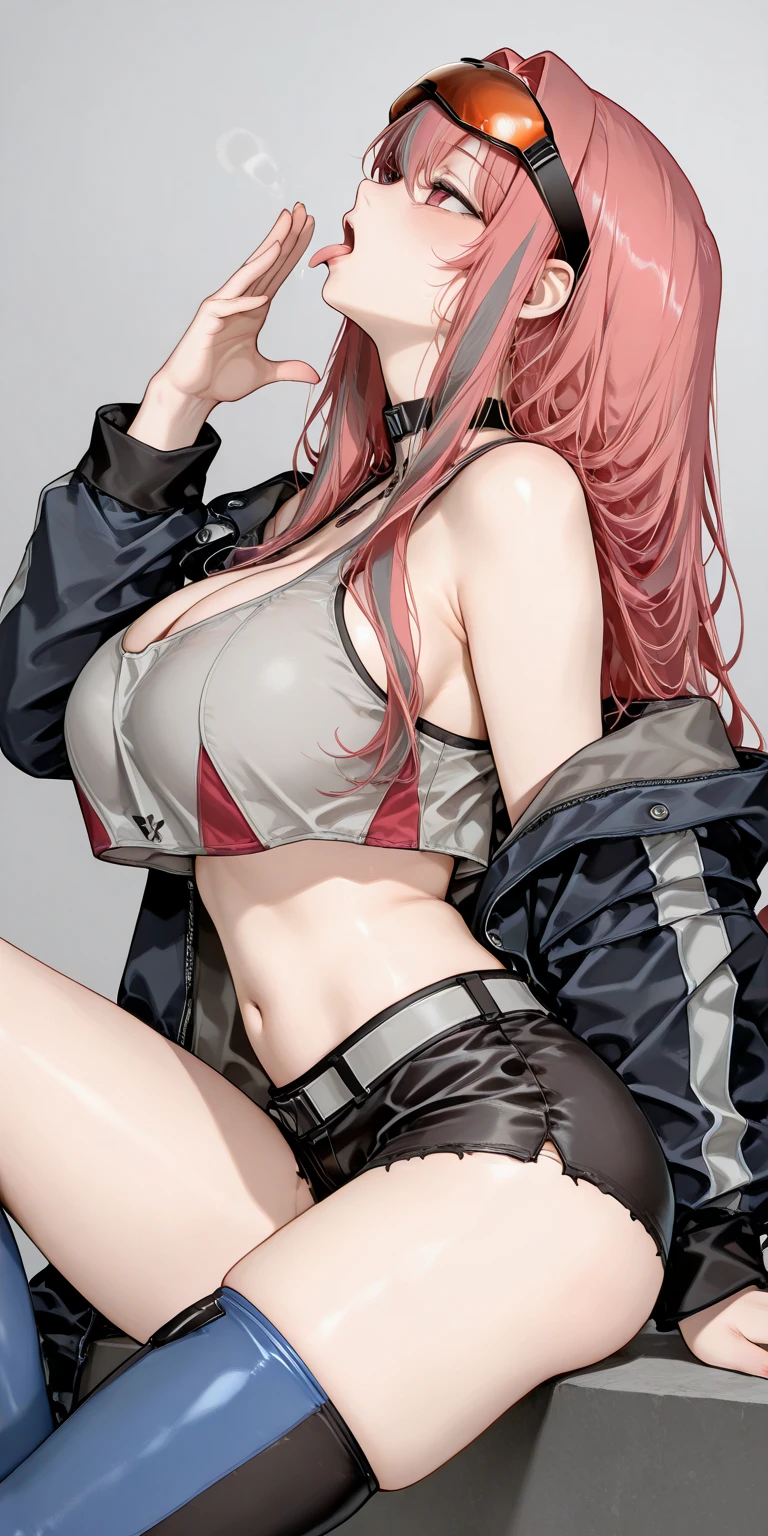 Honoka, university student,Pink Hair,Huge breasts,Cleavage,Low-cut,pantyhose,cute,necklace,earrings,Red lips,shy,leather jacket,miniskirt,1girl