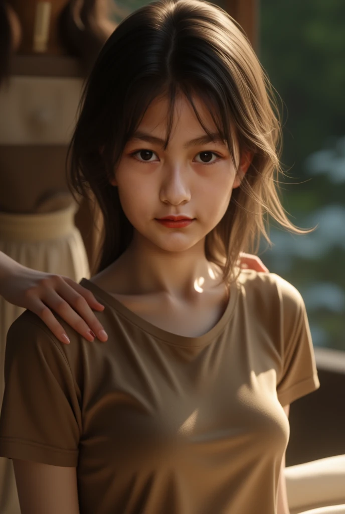 Close-up of a 12-year-old woman with a young and beautiful face., Big Breasts 1.2, Wearing an open-chested tank top, Walking in the Grass, sunset light, cinematic scene, UHD
