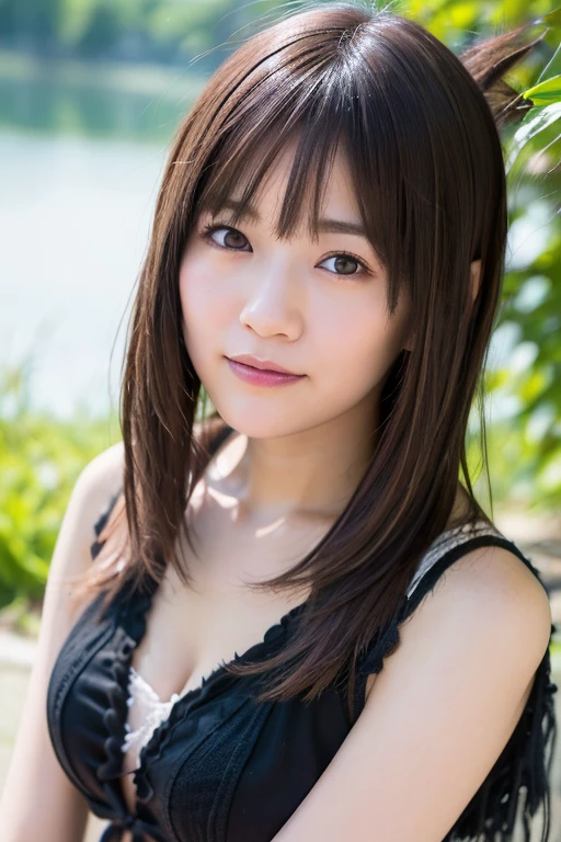 (highest quality,masterpiece:1.3,Ultra-high resolution),(Super detailed,Caustics,8k), (Photorealistic:1.4, RAW shooting),(A forest shrouded in a mysterious, dense fog),Sunlight filtering through the trees ,Light pours down,20-year-old,cute,Are standing,smile,Looking into the camera,Black Hair Middle Hair,(Crimson Dress), (Waist up shot),(High Position),(High angle),(Face Focus),(Face close up),Natural light