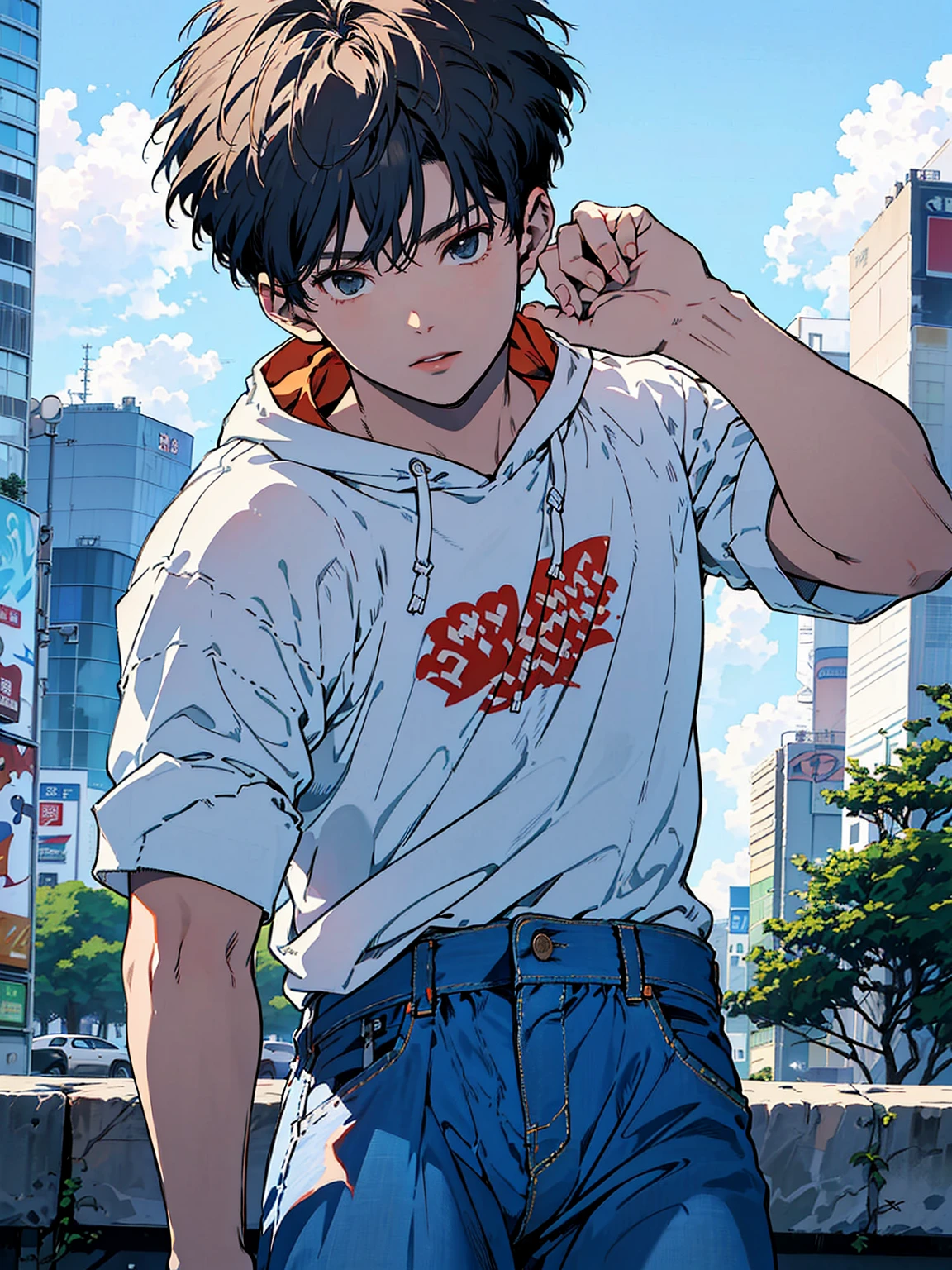 Absurdres masterpiece HDR high quality picture of a character from a famous Korean webtoon, 1 boy , character is with detailed face, casual colour of hair based on the anime, happy face, tech guy wearing accessories, ((casual hair style:1 )) , anime eyes, light skin ,
Wearing casual outfit from anime, detailed outfit, nice background, masterpiece scenery