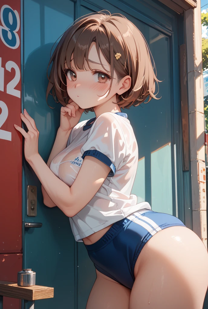 nsfw:1.5,(((Perfect Anatomy, Anatomically correct, Very detailedな肌))), 1 girl, Japanese, high school girl, Shiny skin, Observe the audience, ((Back view, From below)), Beautiful Hair, Beautiful Face, Beautiful details, (short hair:1.1, Bobcut:1.2), Dark blonde hair:1, blue eyes, Baby Face, Mole under the eye, Beautiful clavicle, Beautiful body, Beautiful breasts, Big Breasts:0.5, Beautiful thighs, Beautiful feet, Camel Toe, ((Short sleeve, Torn gym clothes、High leg tight bloomers、socks, Brown Loafers)), Captivating thighs, ((Embarrassing, Scared, sad, tears, cry, Half-open mouth)), Are standing, (((Leaning forward), Raise one leg, Torn clothes:1.5、Bare nipples)), ((midnight、Dark Back Alley、Unpopular back alley))、8k, highest quality, Masterpiece:1.2, Very detailed), (Realistic), Beautiful illustrations, whole body,