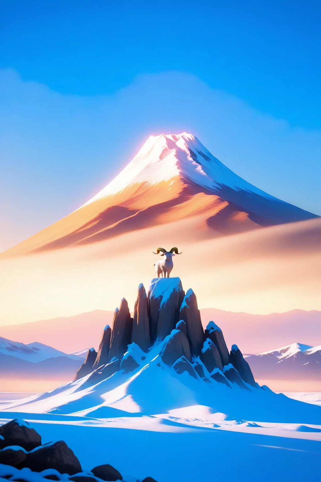 A dragon riding a squirrel with a volcano in the background, and it is sunset