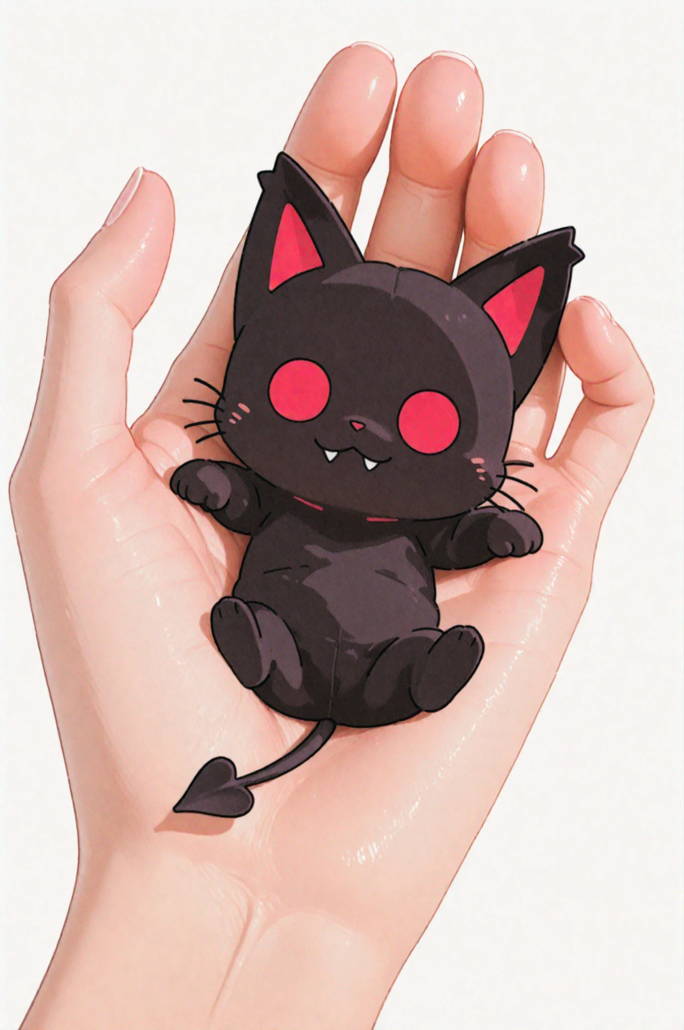 There is a small devil on the palm held out by a high school girl