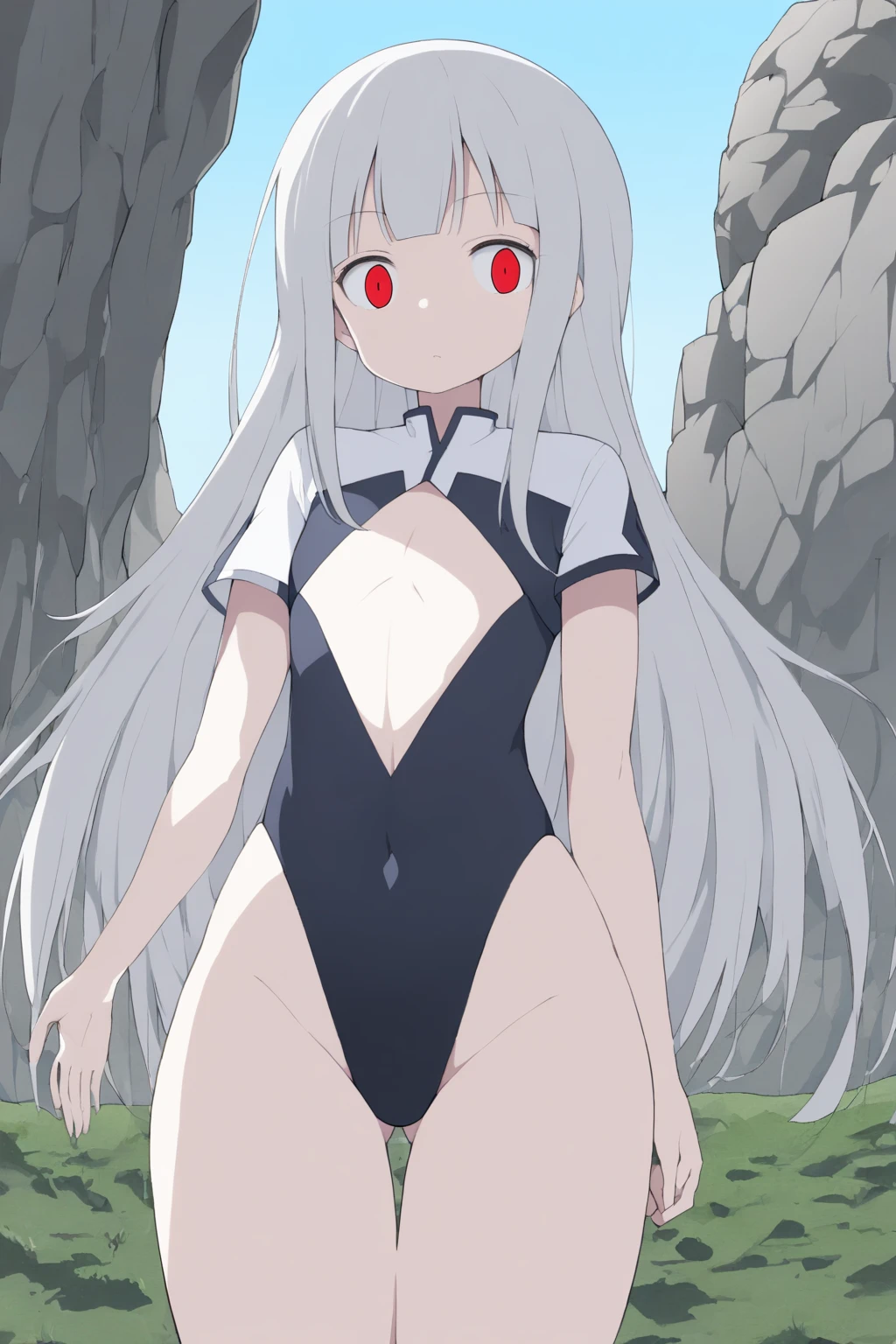 silver hair、long hair、pale skin、red flower hair ornament、flat chest、black micro bikini、he is short、slender body、thin legs、High resolution、highest quality、detailed face、beach、anime moe art style、smile、cowboy shot、sit、