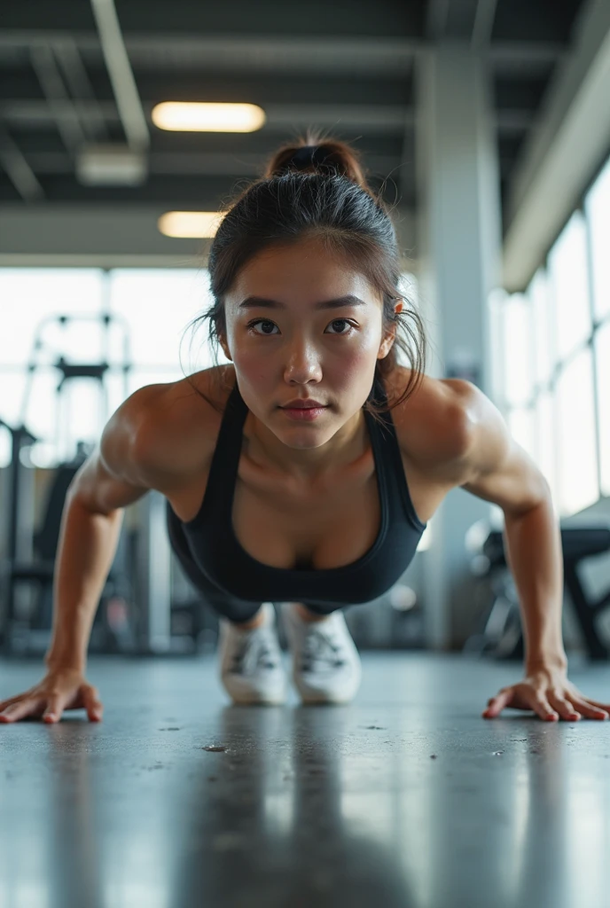 A beautiful korean women, chubby, wet hair, body wet with sweat , natural huge breasts, wear nike spsortwear, nike shoes, sensual and seductive expression, elbow plank on the floor At the gym in the night as background detail. look at the viewer, natural light, realistic photography, wide angle shot.