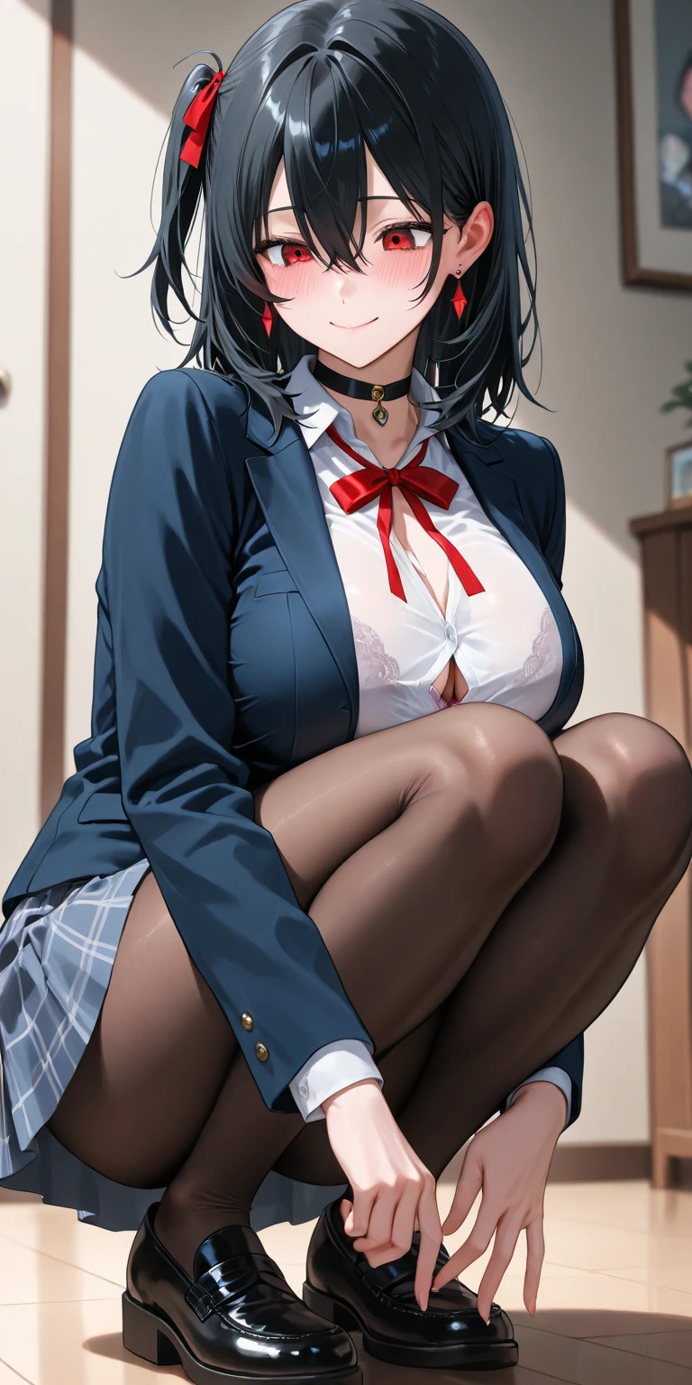 At school, classroom, high school student, , beautiful, medium breasts, wide hips, small waist, shapely legs, perfect thighs, would be, blushing, angry, , mini skirt with plaid, blouse, thigh high stockings, stockings held up by garters, sitting, chair, crossing her legs, blouse unbuttoned completely open revealing the bra, holding the skirt with her hands lifting it above her thighs,