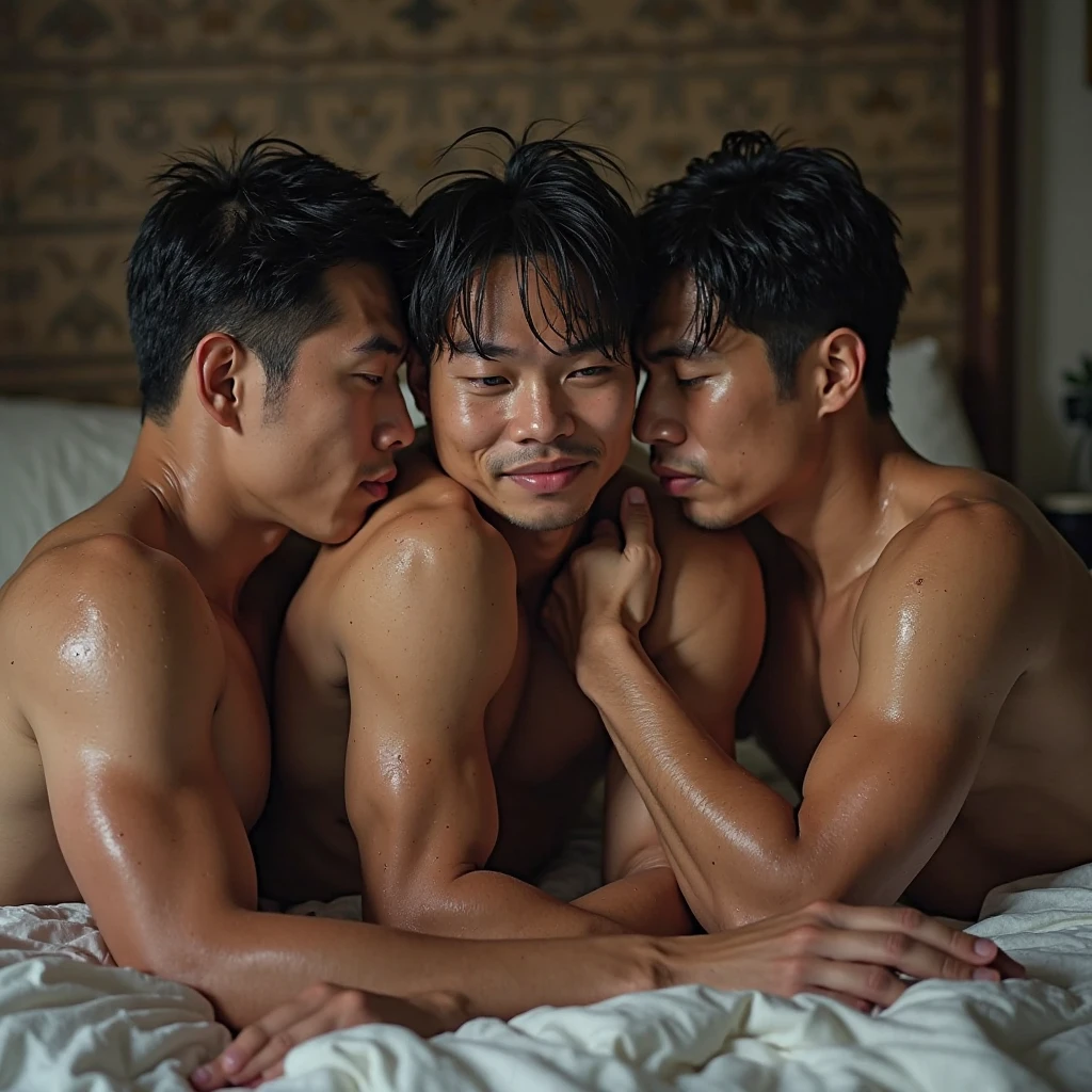 3 young sporty muscular handsome Asian men, naked underwear , taking shower together, kissing and hugging each other , big bulge, soaking wet bodies squeezing each other passionately. 