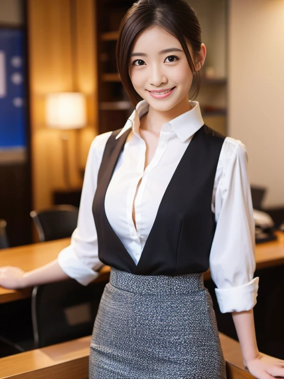 leaning forward:1,bent over,Inside a suit shop,(The skin is wet from sweat),Wearing a shirt:1.2,Suits lined up,(Put your hands forward),looking at the camera,Cleavage,A big smile,Skirt Lift、Lift your skirt with your hands,woman, 20-year-old, Short Hair、bangs、(Plain suit skirt),(White lace panties)、Cute earrings