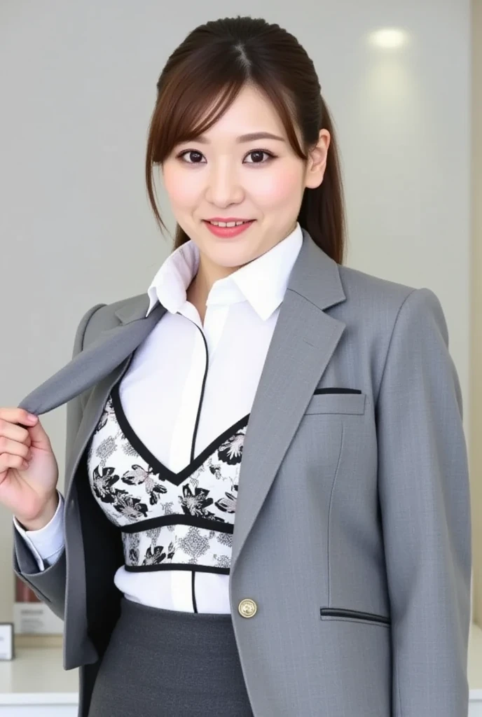 (((leaning forward:1,bent over))),Inside a suit shop,(The skin is wet from sweat),Wearing a shirt:1.2,Suits lined up,looking at the camera,Cleavage,smile,Skirt Lift、Lift your skirt with your hands,woman, 20-year-old, Short Hair、bangs、(Plain suit skirt),(White lace panties)、Cute earrings,Natural lighting