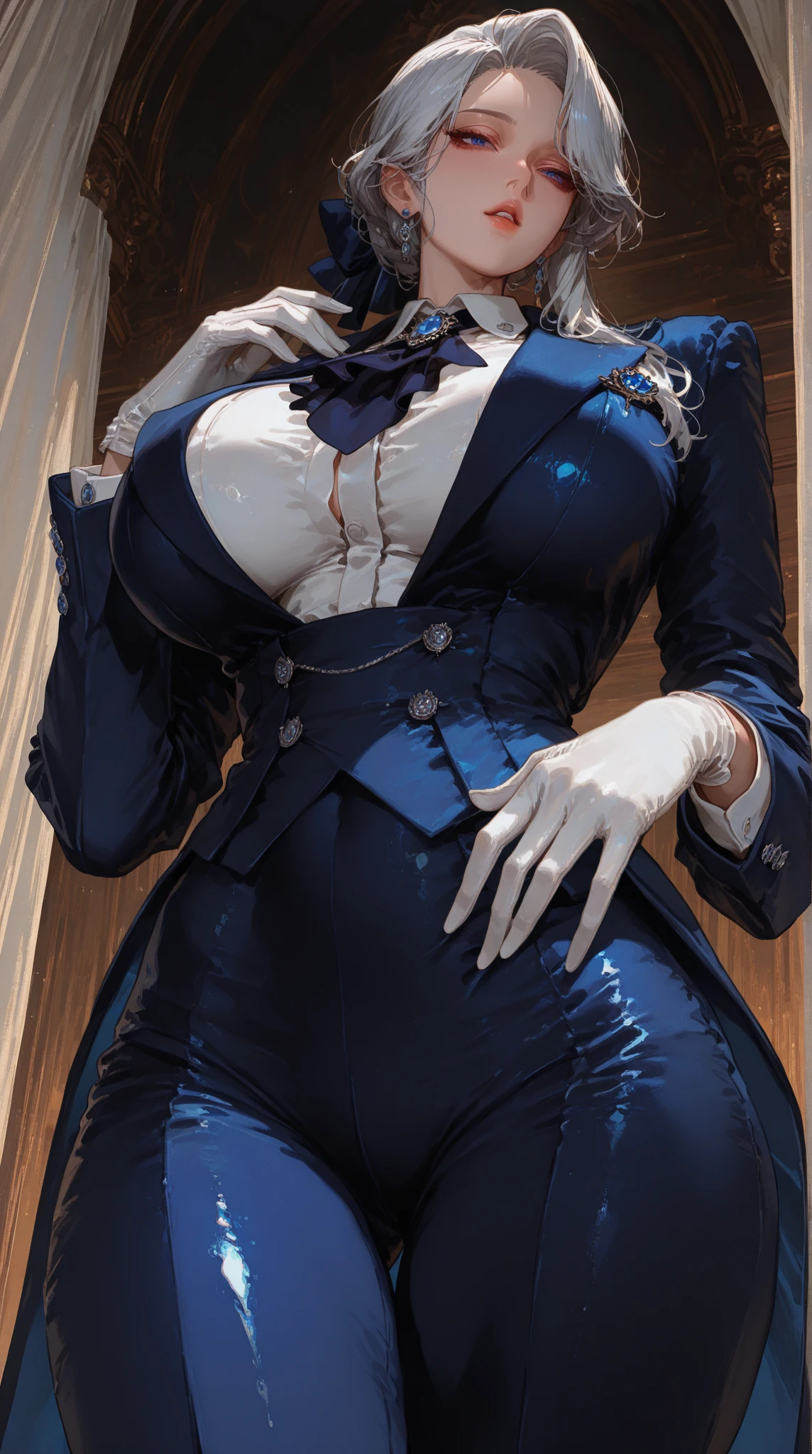 full body standing straight symmetrical, huge boob, cowboy shot, solo, 1MILF, mmplatz, smile, looking at viewer, hands on hips, twintails, twin drills, dress, blue pantyhose, striped pantyhose, Handcuffs on their hands, With a collar around the neck
