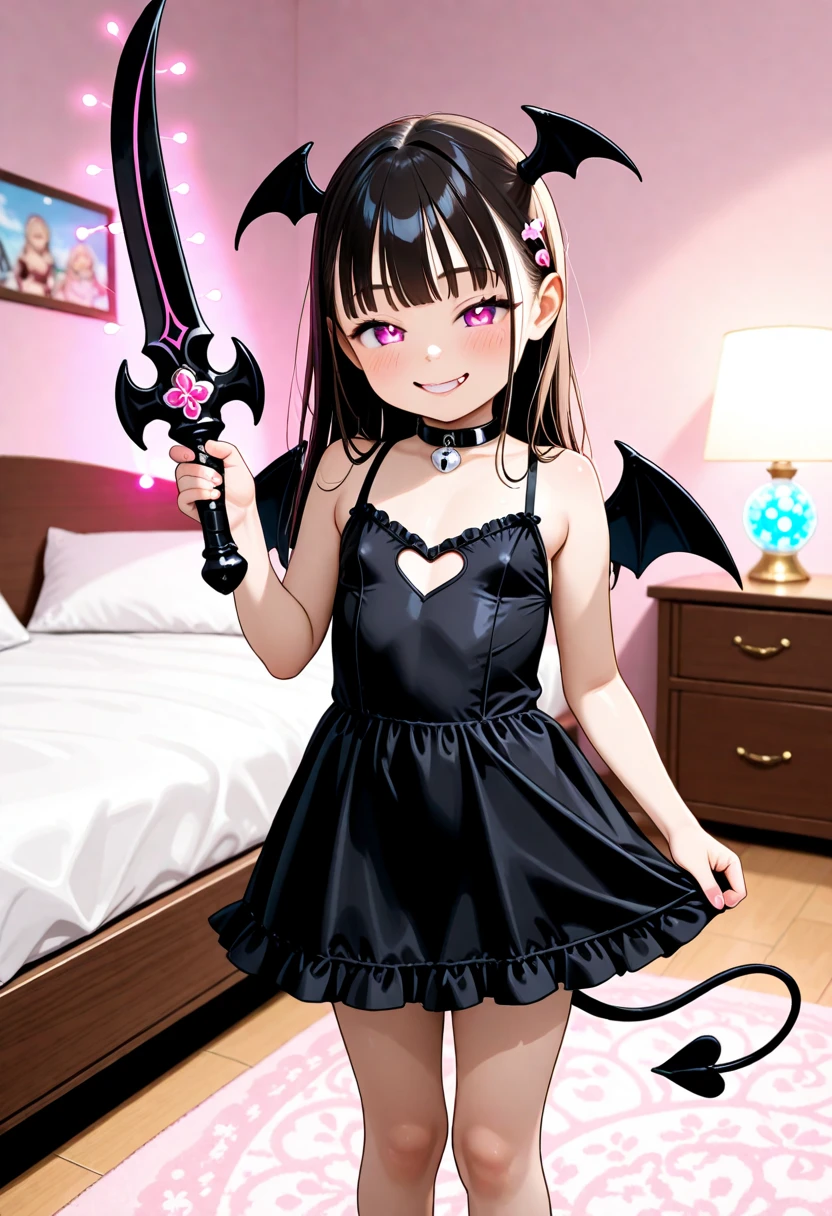 Little beautiful 5  years old girl, wearing red colour devil dress, and have  smile.on her face, have a devil weapon in her hand, sitting.on her bed, which is decorated with red and blue light bulbs.