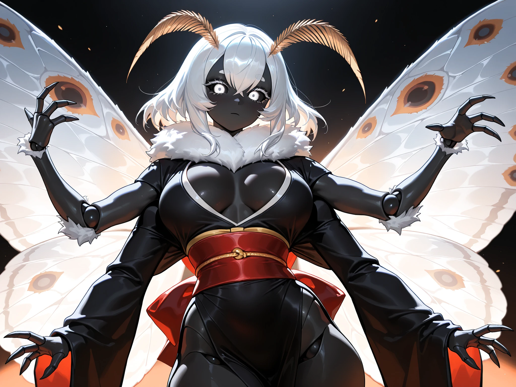 (white hair, medium hair, four arms, 3 fingers, joints,black cloak, open cloak,black kimono, wide sleeves, obi, red sash, pelvic curtain, side slit),(round breasts, breasts apart,round breasts, breasts together, cleavage,black:100,black girl,black skin,)(horror \(theme\),black sclera, moth girl, monster girl, antennae, moth wings,)(masterpiece, detailed:1.2),(tangobat:0.7),(Sakimichan:0.7)(High CT quality,4k,High resolution,main piece:4.3),Very detailed,Realistic:1.37,Best quality,masterpiece, high resolution,on_body, Tyndall effect,photorealistic, Edge lighting, Two-color lighting,(high definition skin:4.3), (8K UHD, DSLR quality, soft lighting, high quality, surround lighting, sincere, de 8K , 4K, 8K.)  Female moth monster girl. She has darkest black skin. Black sclera, white eyes. She has straight long gray metallic hair. She has fluffy moth antennas on her head. She is wearing a black mourning kimono. She has two large jet-black moth wings on her back.
In the background: a black gloomy abandoned Japanese temple.