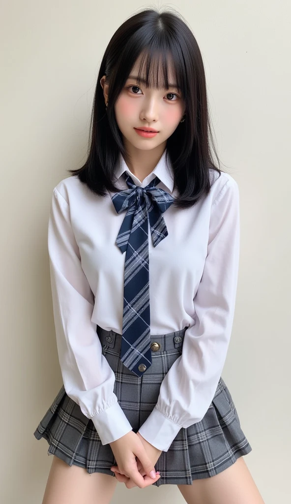 (1 Korean star with royal sister style), ((Best quality, 8K, Masterpiece: 1.3)), focal point: 1.2, Perfect body proportions: 1.4, (Make a smile),  （Ray traching）,Watery eyes, Highly Detailed Face and Skin Textur, Fine eyes, Double eyelids, Whitens the skin, (short detailed hair, By bangs: 1.3), (face round: 1.5), (JK school uniform: 1.4), (Lace view: 1.6),(black lence stockings: 1.4),(JK style:1.4),(Extremely perfect legs)