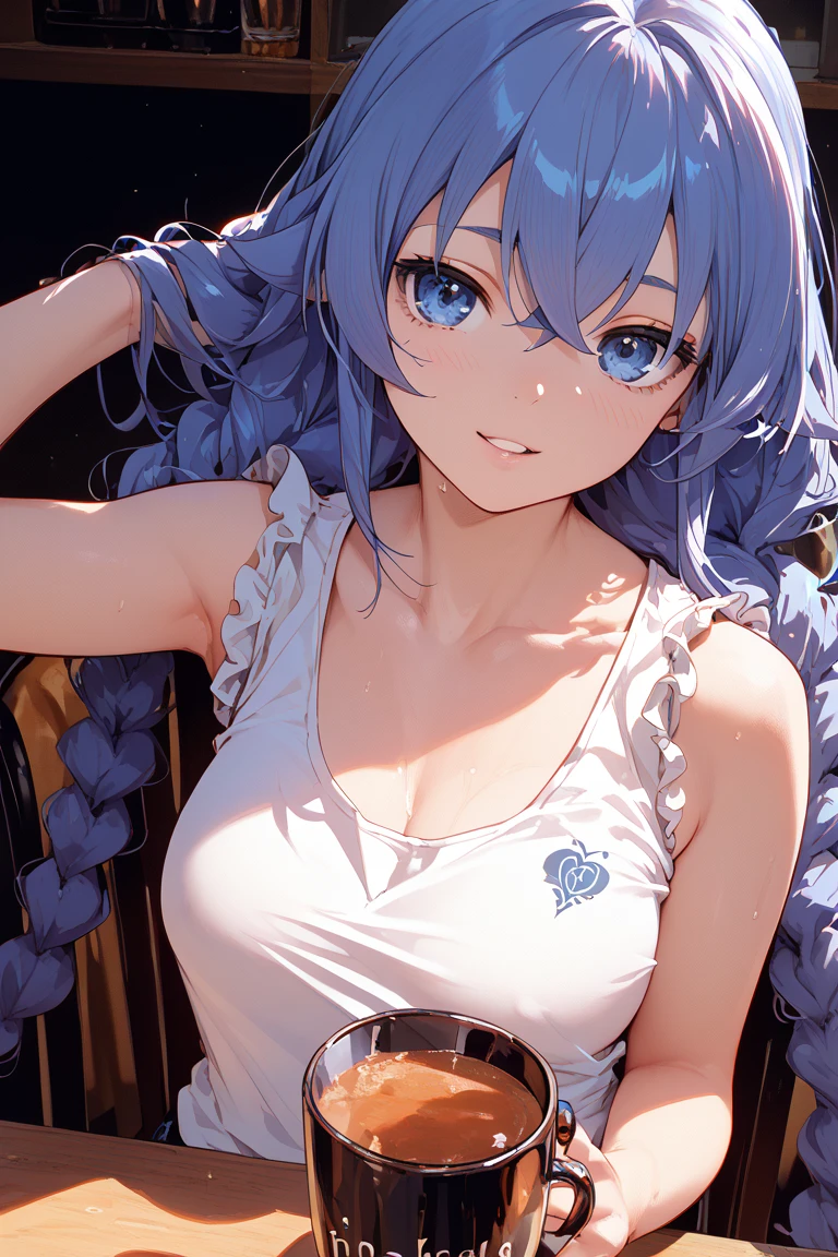 (masterpiece: 1.2, Highest quality), (Actual Photos, Intricate details), 1. woman, alone, Upper Body, casual, Shoulder-length hair, Minimal makeup, Natural materials, Face close-up, smile, Home, (Light blue hair).blue eyes, Shoulder Bare、Smiling with teeth showing、(In the gap between my breasts).((Kiss with your eyes closed)).((Lace clothes)).((sexy)).