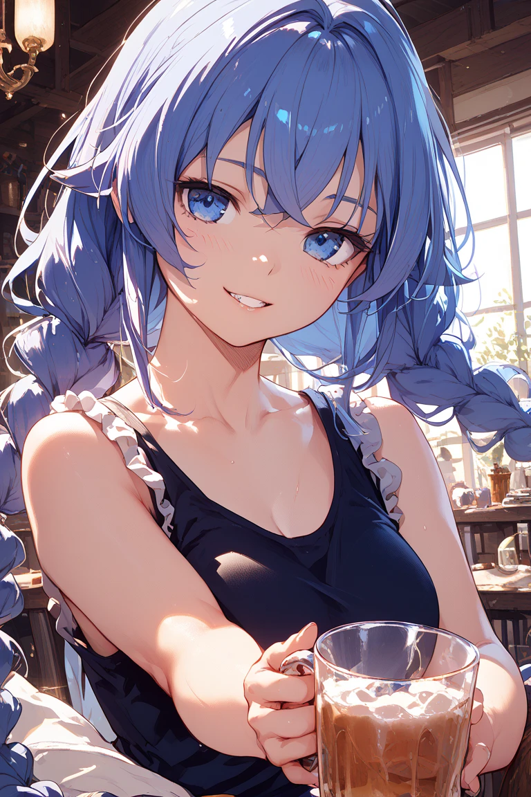 (Highest qualityのイラスト:1.2), (pretty girl:1.1), (1 girl、17 years old),(1 girl、smile、Round eyes:1.2)、Bright blue hair、Short Bob Hair、Bunny girl、Bunny ears、Blue leotard、Fishnet tights、High heeledium chest、Café Bar、smile、masterpieceサイドライト、masterpiece、Highest quality、detailed、High resolution illustrations), Soft Focus