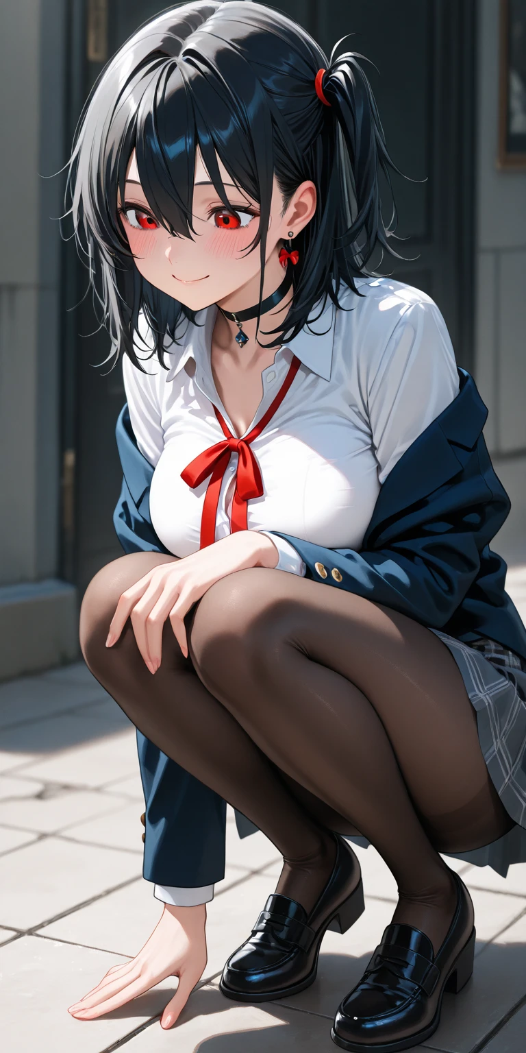 masterpiece, highest quality, One Girl, 12 years old、Thighs, beautiful girl, Flowers, たくさんの小さなflowerびら, flower、Small waist, RAWphotograph,Bright lighting、Face Light, Ultra-realistic, High resolution, photograph, Sharp focus, Highly detailed eyes and face,Symmetrical face, whole body、Large Breasts、Long Hair、チラリと見えるThighs、Emphasized cleavage、Red mini skirt、White high heels、White lace shirt、Brown cardigan、Big red ribbon、White sneakers、Red School Bag、Shooting from below、Morning Glow