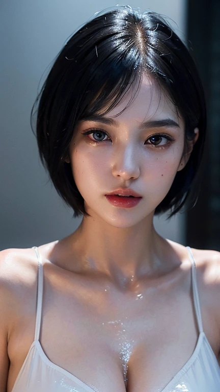 Beautiful woman with detailed body, upper body, brown belly short hair, black choker, make eye contact, (wet hair),(wet face),(wet clothes),(joyful expression)
