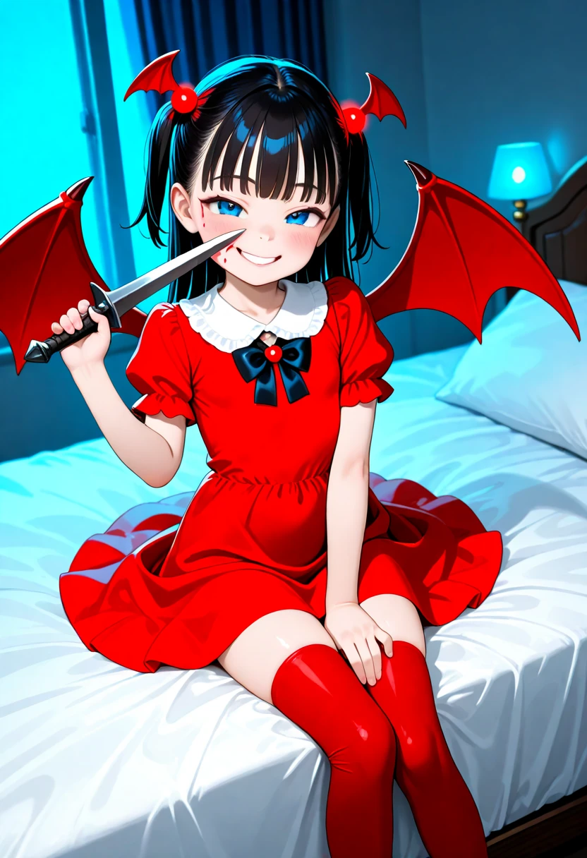 Little beautiful 5  years old girl, wearing red colour devil dress, and have  smile.on her face, have a devil weapon in her hand, sitting.on her bed, which is decorated with red and blue light bulbs.
