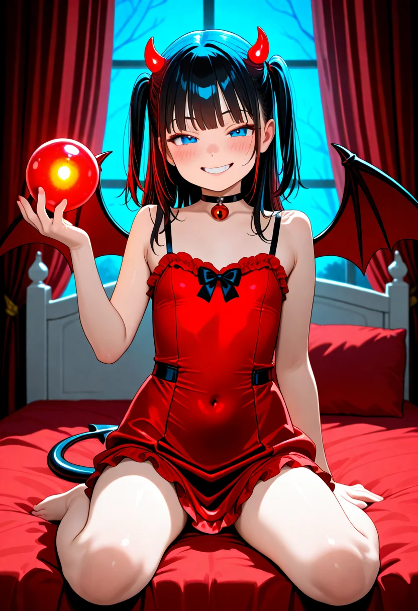 Little beautiful 5  years old girl, wearing red colour devil dress, and have  smile.on her face, have a devil weapon in her hand, sitting.on her bed, which is decorated with red and blue light bulbs.