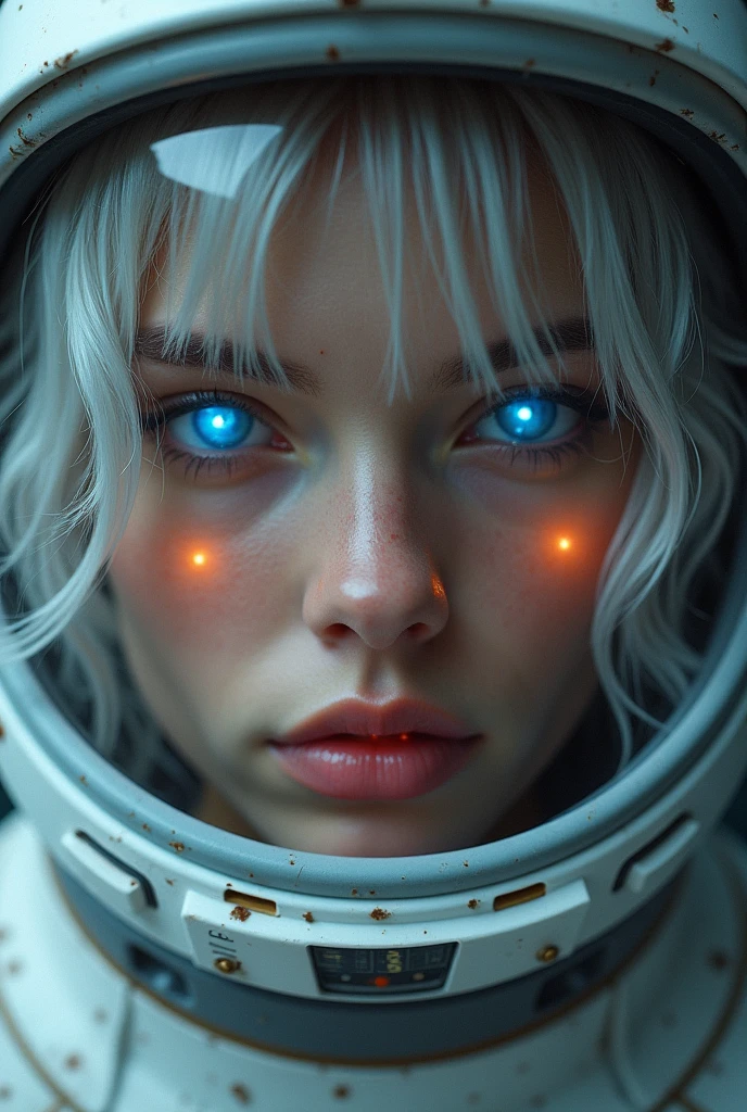 (full body huge breasts of a better masterpiece:1.5)0.9], (Space and astronauts:1.2) (Messy silver hair:1.1) (Heterochromia xanthochromia and blue eyes:1.2) (Space Helmet:1.0) (Colored stars in the eyes:1.0) (A radiant glow:1.1) (thick lips:0.9)