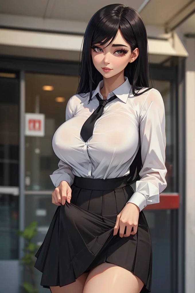 (ultra high res, ultra detailed, high resolution, highly detailed, 4k, 8k), an extremely delicate and beautiful, hime_cut, hime cut, black hair, blunt bangs, lips, long hair, arms behind back, gal, gyaru, gal uniform, gyaru uniform, Shiny skin, Detailed eyes, downtown area, <lora:å§«ã«ãã hime_cut-V1:1>, <lora:ã®ã£ã« AnimeGal_v10:0.8>,