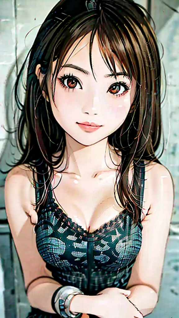 A 8 years old caucasian girl with brown long hair and brown eyes, wearing a ripped bikini off the shoulders