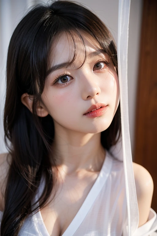 masterpiece,best quality,1girl,white background,black hair,face front,emotional face,studio light,studio,side light,makeup portrait,face in center,medium breasts,white skin,shiny skin,model,smile,<lora:guoguo_v1:0.7>,