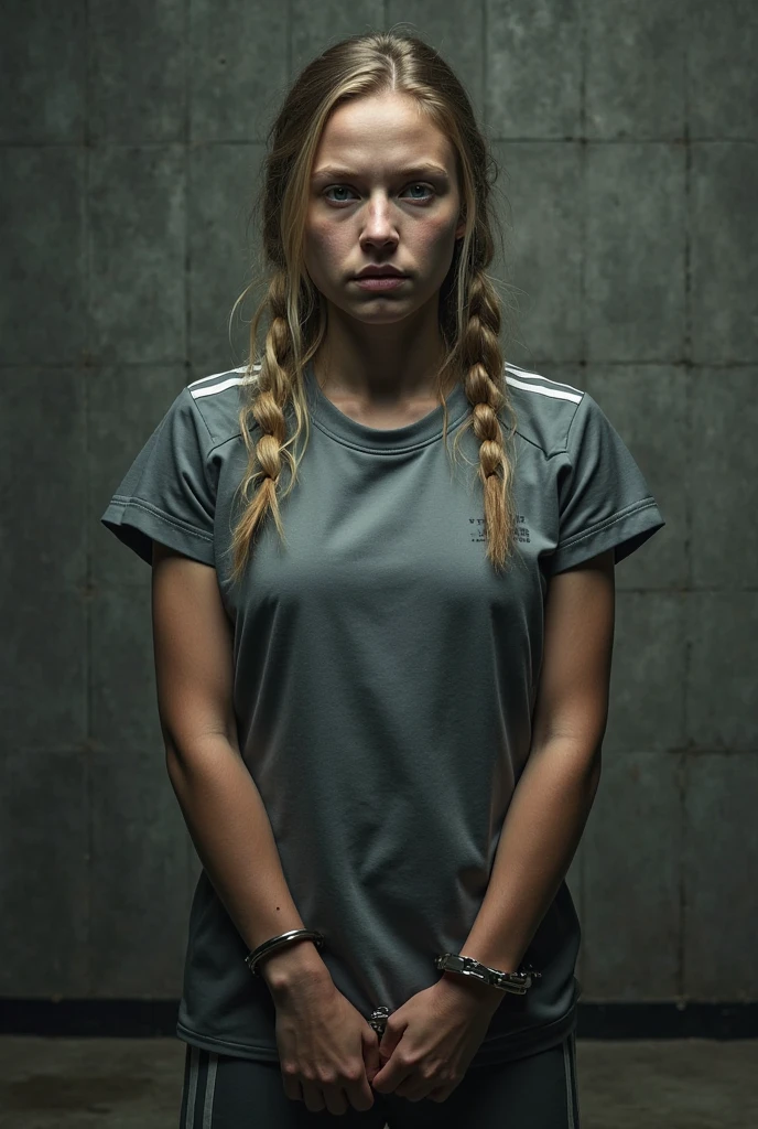 absurdres, RAW photo, highest quality, (masterpiece: 1.3), professional photo, CG 8k wallpaper unit extremely detailed, photo-realistic, realistic, RAW photo, masterpiece, best quality, highres,
1girl, 19 YEARS OLD, white, blonde hair, wavy, Average length, ponytail, athletic body, thin legs, perfect gorgeous face, beautiful light brown realistic eyes, fair skin, detailed skin texture, very small natural breasts. Serious, focused. Silhouette in the shadows. Face in the shadows. He carries katana and wakizashi on his belt. (Red closed sweatshirt with raised hood, red leggings, boots, gloves, dirty and old clothes, red ninja mask. realistic design). Corridor dark, gloomy, terrifying, at night. Abandoned house. Air of menace.