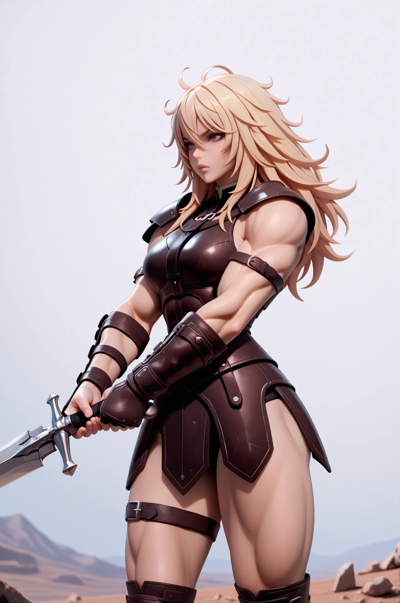 Female barbarian, blonde hair, leather skirt