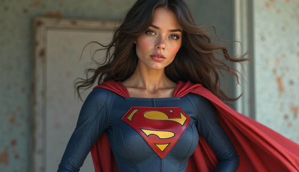 A SEXY TEEN FEMALE WITH GREY EYES AND LONG MESSY HAIR WEARING A CLASSIC BLUE SUPERMAN COSTUME AND RED SUPERMAN CAPE. large breasts, incredibly detailed skin and eyes, seductive poses, 8K resolution, masterpiece, ultra-detailed, realistic, photo-realistic, vivid colors, dramatic lighting, cinematic composition
