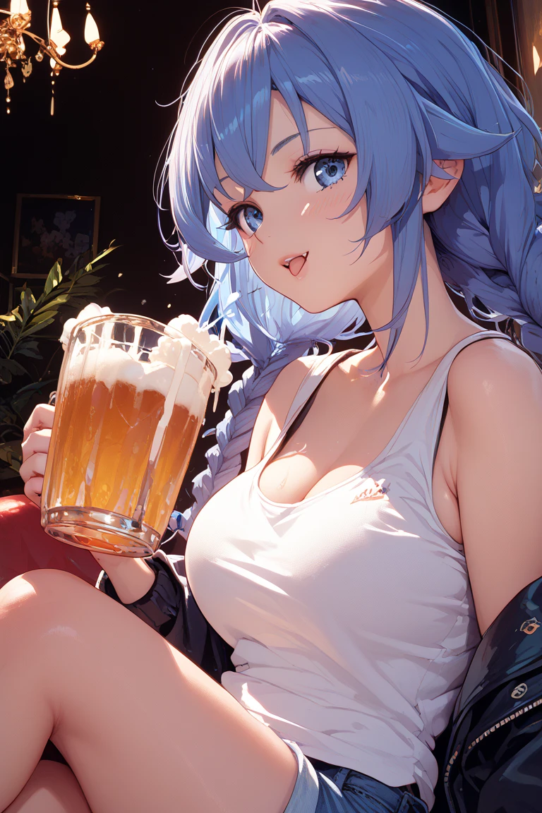 (best quality,4K,8k,high resolution,masterpiece:1.2),super detailed,(actual,realistically,realistically:1.37), Ultra high definition face, Woman in striped bikini and medium sized skirt with slit posing for photo, ((white oversized t-shirt), ((glossy lip)), attractive girl, (beer girl:1.2), (caramel skin:1.3), jaw-dropping beauty, large breasts, Thin waist and thick hips, hourglass figure, rosy cheeks, (((beautiful dirk blue hair with pink mesh))), Alluring with a smile, Bokeh, Dynamic Angle, (((Leaning forward:1.2))), close arms, Close-up face:1.5, whole body, From below:1.2, (Correct Anatomy:1.6, Ideal body proportions, The right move:1.5, Small hands), in the
photography studio, ((taking beer glass)), midjourney