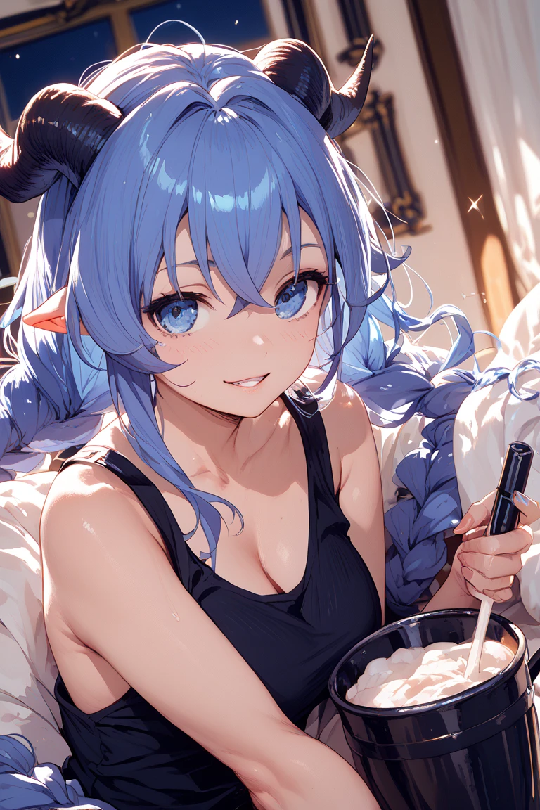 best quality, masterpiece, 1girl, red eyes, tied up light blue hair, cake, bikini,