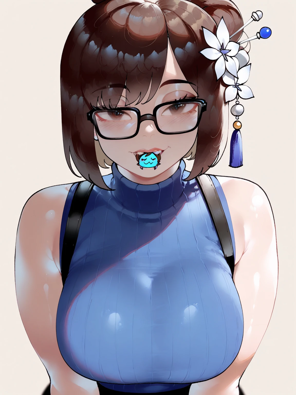 From the front, she is very plump, with big eyes and a beautiful face. Intelligent beauty, covered in water, black labia minora, large clitoris. Open vagina, very wet. Bright sunny day, legs spread, very large breasts, very saggy breasts, thick eyebrows, {best quality}, {very beautiful}, {very detailed}, wearing glasses, Japanese, very thick thighs, face visible, nipples visible, (from the front), m, lower body, very thick, hands up, thick armpit hair, no underwear, only socks and shoes, thick pubic hair, open vagina, bright, lit from below, hands up, thick armpit hair, carrying a school bag,twintails, skinbodysuit, bodysuit, Older women,
