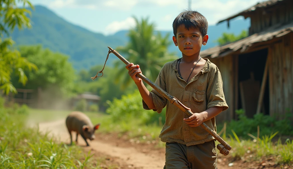 make an indigenous boy taking an arrow from the quiver with the bow in his hand, giving a close-up of his face
