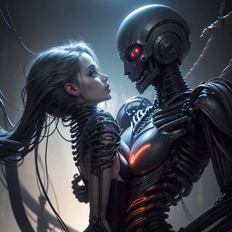 (((Masterpiece))), ((Best Quality)), (Super Detail), (CG Illustration), (Very Evil and Beautiful)), Cinematic Light, ((1 Mechanical Girl)), Single, (Mechanical Art: 1.4), ((Mechanical limb)), (Blood vessel attached to a tube), ((Mechanical spine attached to the back)), ((Mechanical cervical vertebrae attached to the neck), (Back to the viewer)), expressionless, ( Wires and cables attached to the head and body: 1.5), Science Fiction, Apocalypse, Ruins, (Lower Body Integrated with Mechanical Devices), (Blood: 1.5), Cruelty, Absurdity, Eroticism, Fusion with Machines, Doomsday Time, Super Future, Inorganic, Laboratory, Restraint, (Beautiful Indulgence: 1.2), (1 Girl: 1.3), Body Wrapped Around Mechanical Tentacles