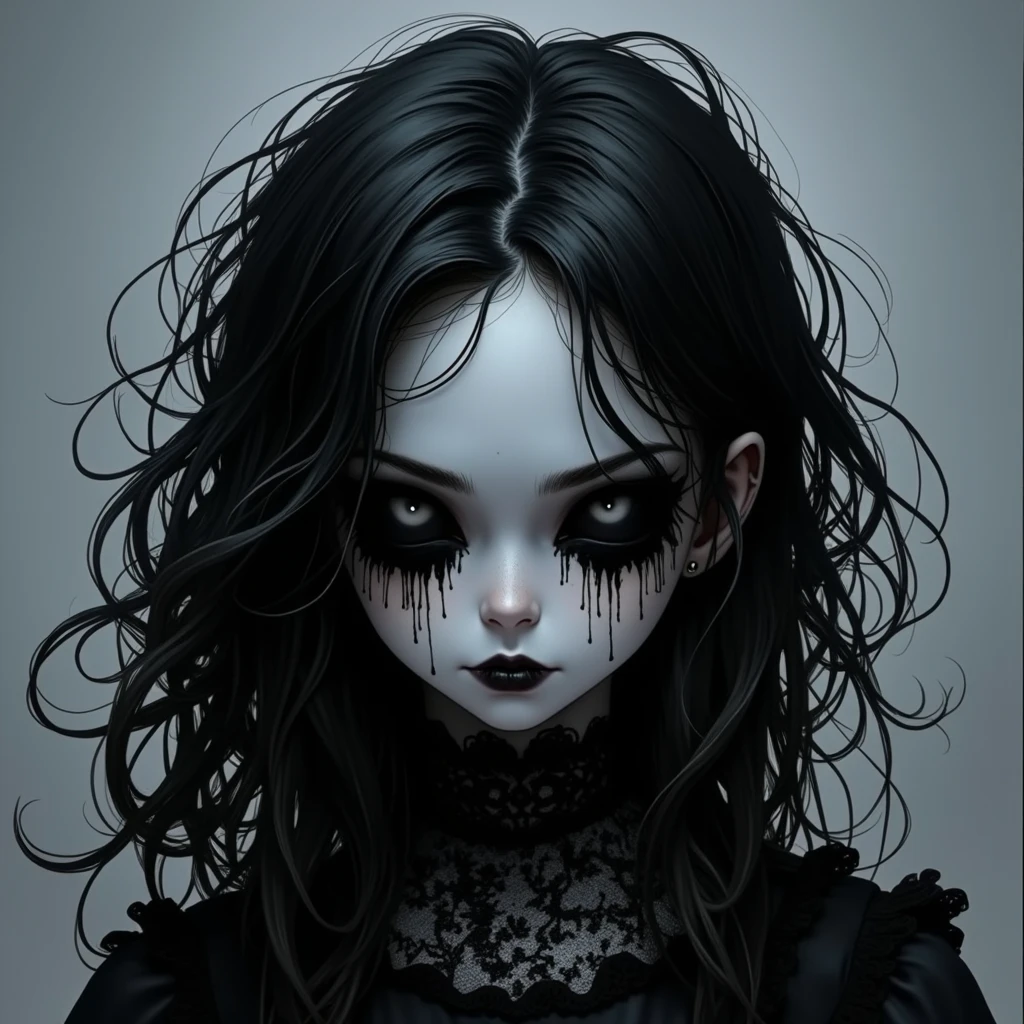 Scary girl with one eye, black and white skin, have a three hand, her mouth is open, in background everything is normal