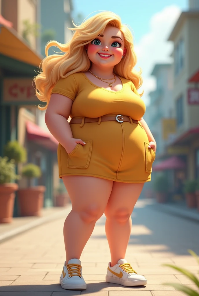 Blonde woman cartoon, 1,50m high, 70 kilos in weight, Broad Hips, with wide pink jumpsuit, with sunglasses, with the right hand on the waist and the left hand loose, sidewalk with golden shoes, with legs together.
