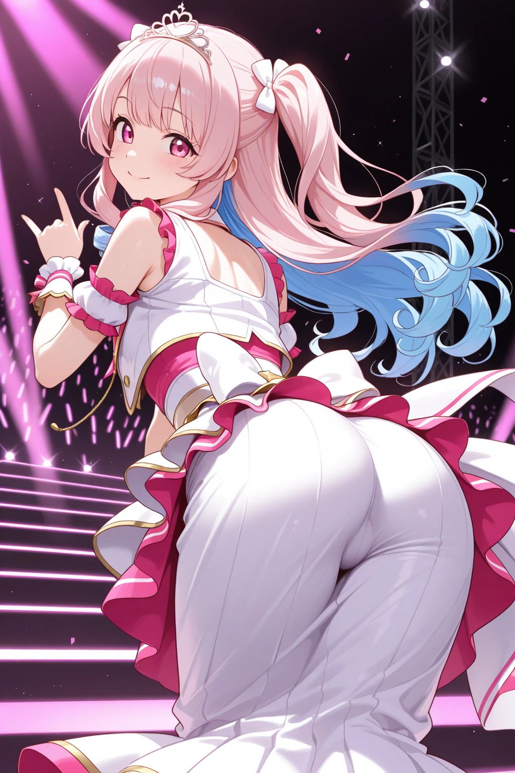 cure melody, navel,(pink hair ribbon:1.2), hairband, pink thighhighs, pink shoes, wrist cuffs, twintails, gem, frills,((pink crop top,pink miniskirt,white panty)),smile, closed mouth,(upper body:1.3),open mouth, embarrassed ,blush,(((raise ASS:1.3))),(ass focus,from behind:1.3),(looking back,all fours:1.3),(cameltoe:1.3),(cameltoe:1.3),masterpiece,Noise Reduction,perfect ???????,high resolution, ultra-detailed,game cg,dutch angle ,beautiful detailed eyes,visualart,five fingers, perfect hands, perfect lighting,