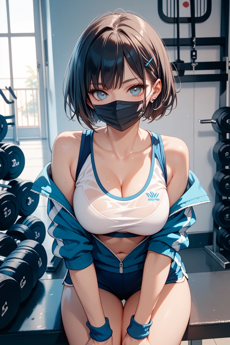 masterpiece, (best quality), girl in a sports bra (arms behind back:1.5), breasts bondage, arms bondage, legs bondage)