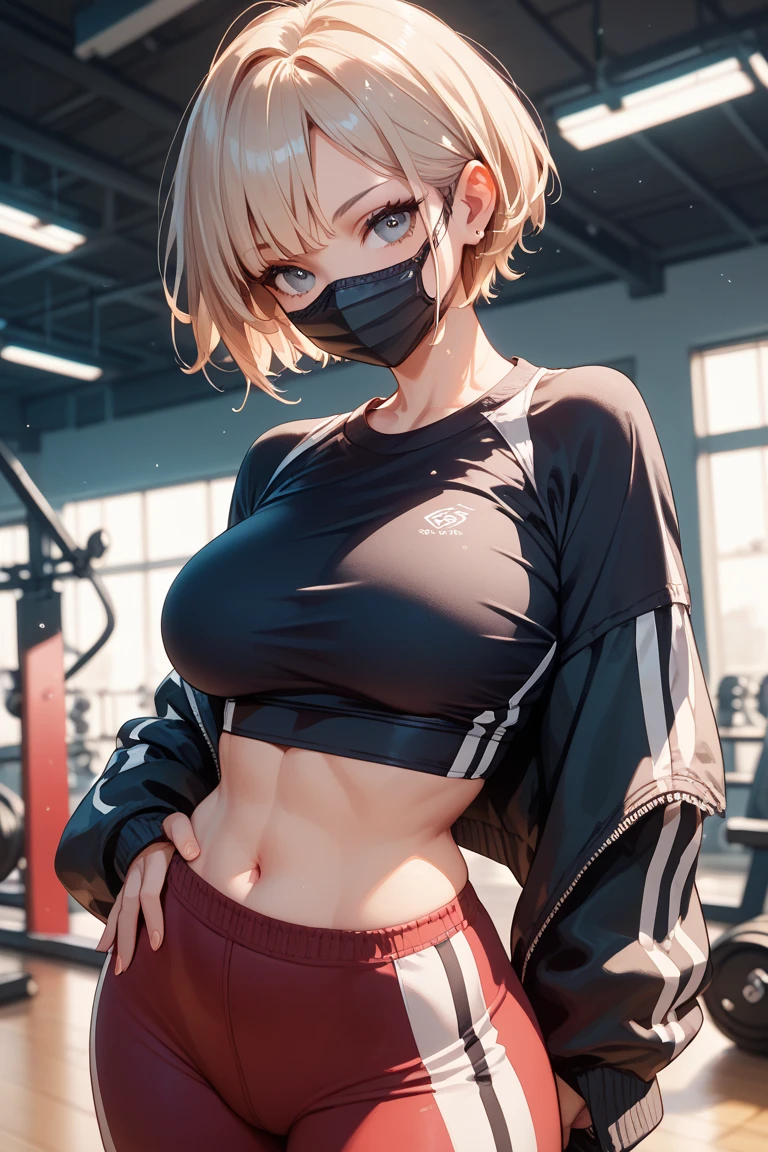 official art,very detailed CG Unity 8k 벽지, 완벽한 light,fancy, bright_front_face_light,glowing skin, (masterpiece),(best_quality:1.0), ultra high resolution,4K,very detailed, intricate details, photography, realistic, 8 thousand, hdr, mackerel, absurd:1.2, Kodak Portrait 400, film grain, blurred background, bokeh:1.2, lens flare, (vibrant_color:1.2), 1 woman, Shinobu Cookie, Latex masks:1.4, (big bust:1.3), (mature woman), 25 years old, (cowboy_launch) , be good at sports , gym shorts , gym