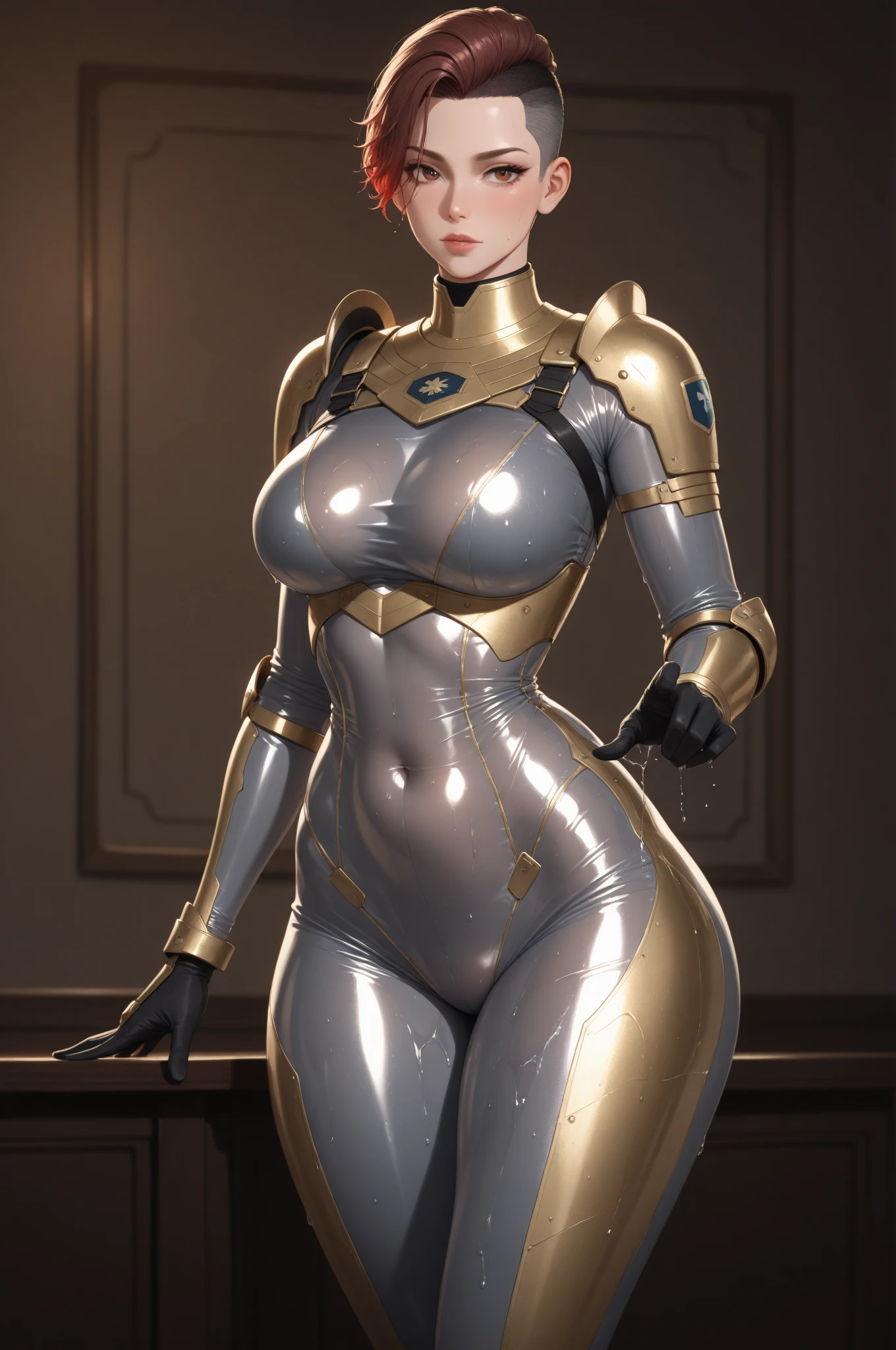 (masterpiece, best quality, ultra-detailed, photorealistic), 1 girl, upper body shot, curvaceous but slender body, with short curly hair, white skin, gray eyes, defined and athletic body, white science fiction costume clothes with golden details, look forward, confident, contrapposto