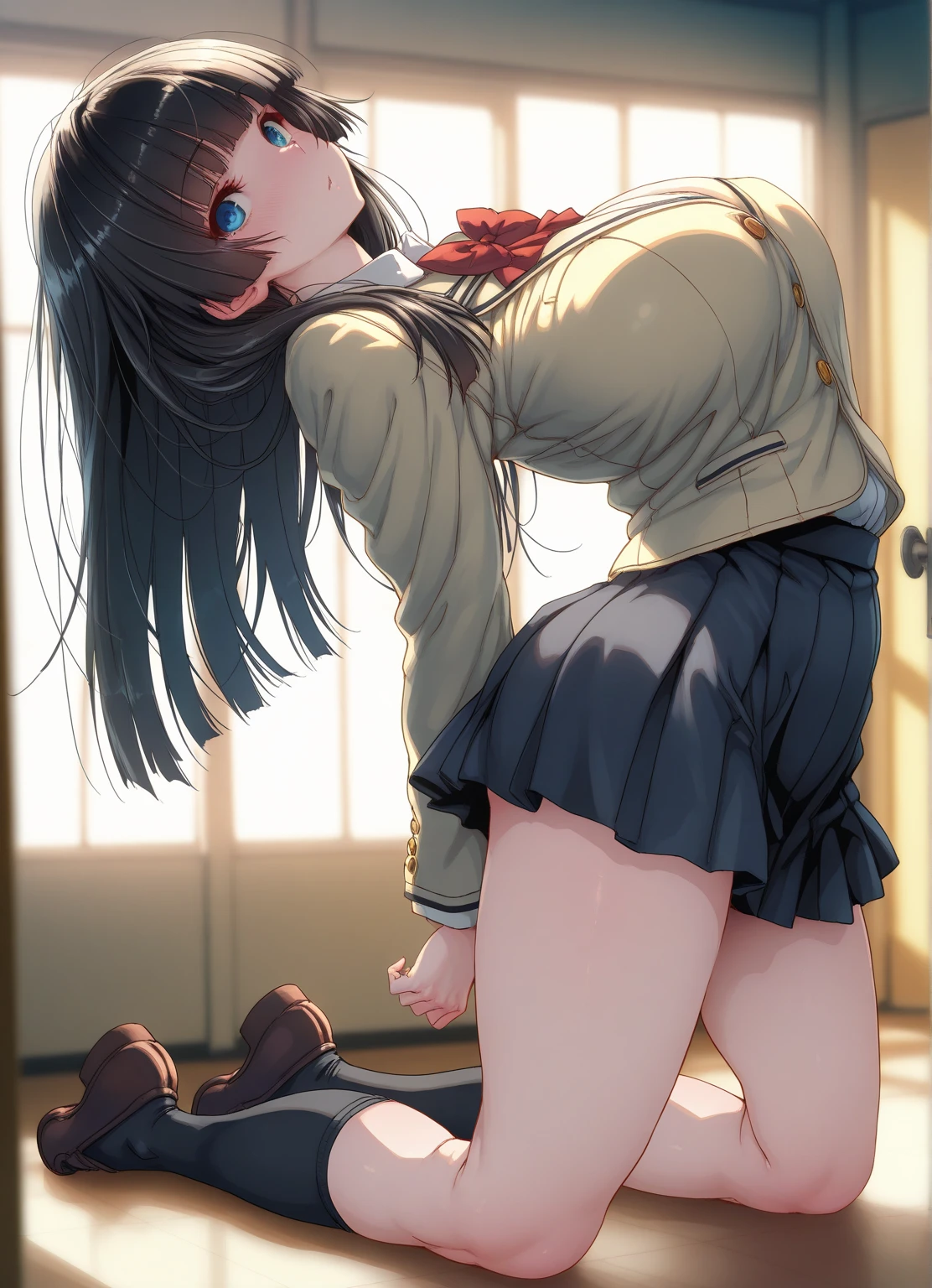 SFW,(8k, RAW photo, best quality, masterpiece, soft cinematic lighting, soft color:1.6),(ideal ratio body proportions:1.8),(from below, ceiling:1.6),(from above:-0.0),(looking at viewe:1.5),(kneeling:1.6),(beautiful eyes focus:1.7), (realistic), (dilapidated house background:1.6), (solo, mature woman,15years old,super beautiful face,super detaild beautiful brown eyes :1.8), (detaild school girl costume:1.6),(coverd nipples:0.5),(embarrassed,red Cheeks:1.25),long hair, {{slicked back hair}}, white blonde color hair, clean skin, (smaller butt:0.5),(coverd nipple:0.9),(sagging huge long wide heavy breasts:1.5),(under boob:1.6), ( Perfect body skinny beauty: 1.5),(open mouth:1.1),(temptation pose:1.8),(heavy breathing:1.5),(covered by a man's shadow:1.6),