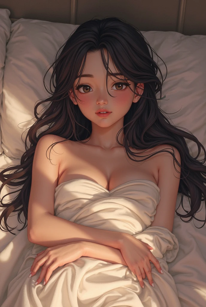 (photorealism:1.2), anime woman with big nipple laying on bed while naked uncencored