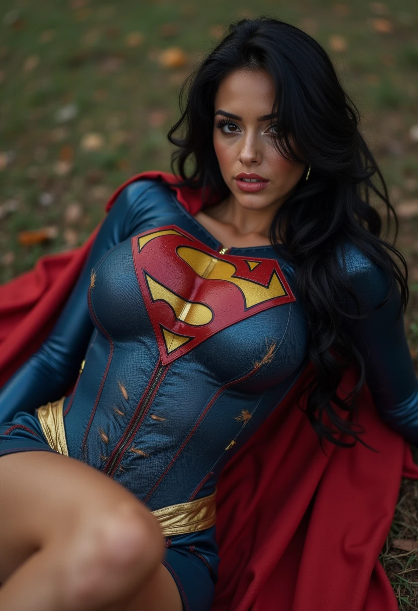 Hermosa mujer corta cabello negro definido cuerpo grandes pechos, usando cosplay de Supergirl, pecho desnudo, sudando. desnuda, sumisa, cuerpo completo, toma lejos. tren lleno de gente.