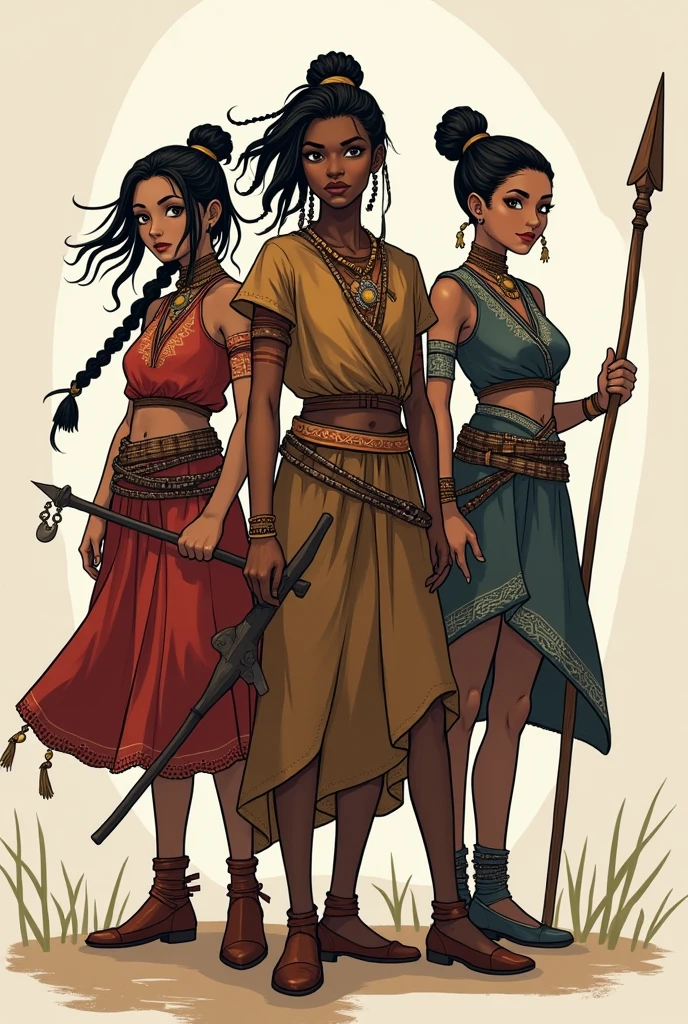 Uma mulher negra, dressed as a slave full long hair running with a skinny teenager with short full hair dressed as a slave behind her with 3 more small children following in a row, Everyone has shackles and broken chains on their wrists, cena vista de lado, de busto